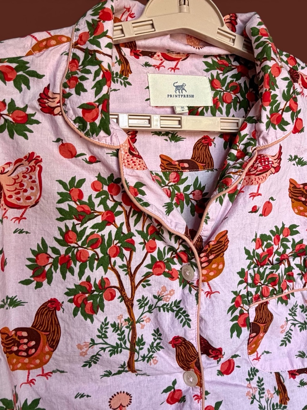 Printfresh Hen House Chicken Orchard Pajama Top Sz M Pink Organic Cotton Cottage